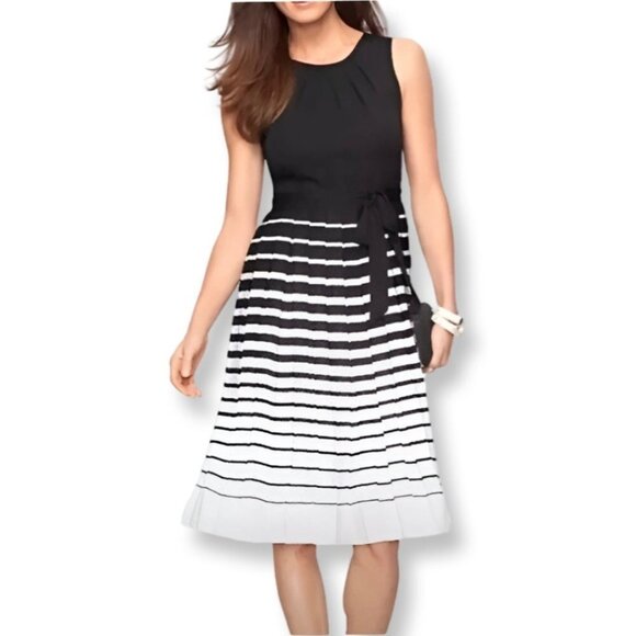 Talbots NWT Navy + White Striped Sleeveless Dress with Pleated Skirt Size 4 - Picture 1 of 13